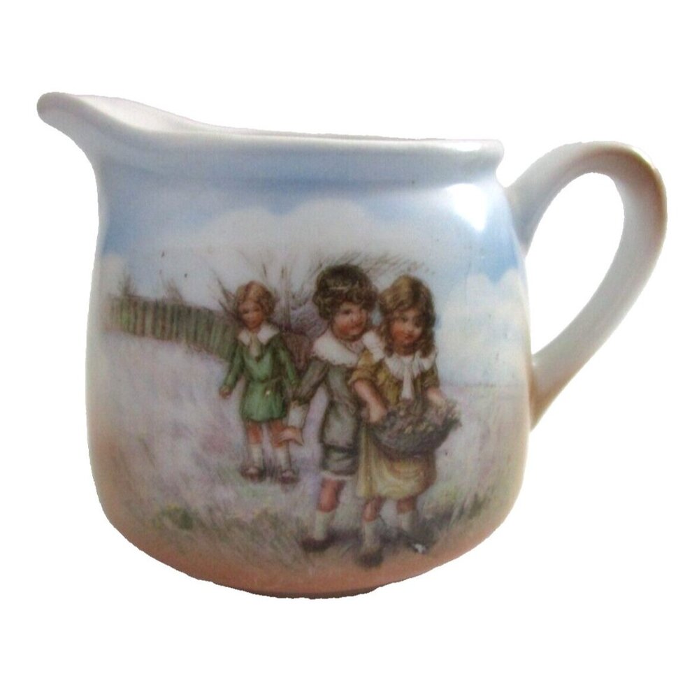 Vintage Hand Painted Porcelain Creamer - Germany 238 Signed - Children in Field